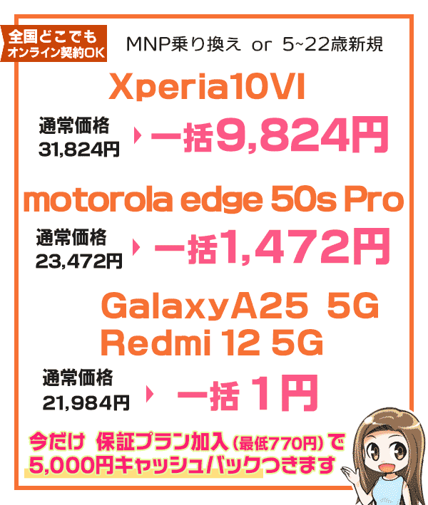 今だけ5千円キャッシュバックがつくXperia10VI 一括9,824円、edge 50s Pro 一括1,472円や一括1円機種の情報