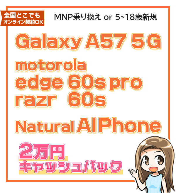 Galaxy A57、motorola、Natural AI Phoneに2万円キャッシュバック