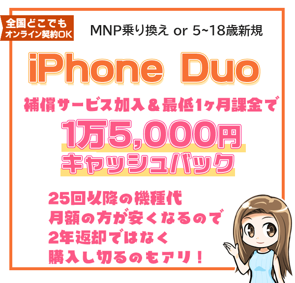 iPhone Duo 補償プランひと月加入で15,000円キャッシュバック
