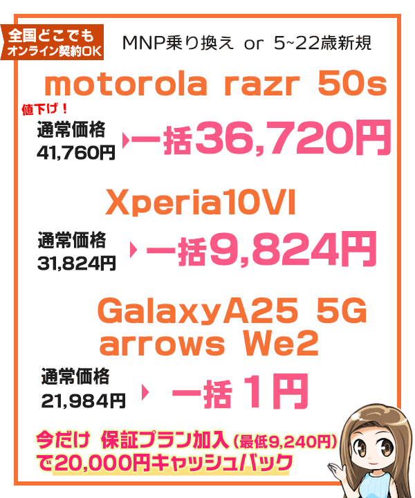 motorola razr 50s一括36720円、Xperia10 VI一括9824円に2万円キャッシュバック